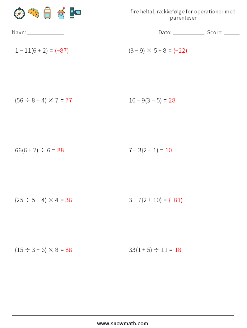 (10) fire heltal, rækkefølge for operationer med parenteser Matematiske regneark 3 Spørgsmål, svar