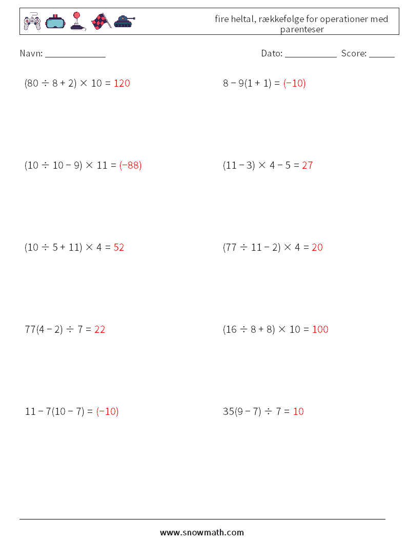 (10) fire heltal, rækkefølge for operationer med parenteser Matematiske regneark 4 Spørgsmål, svar