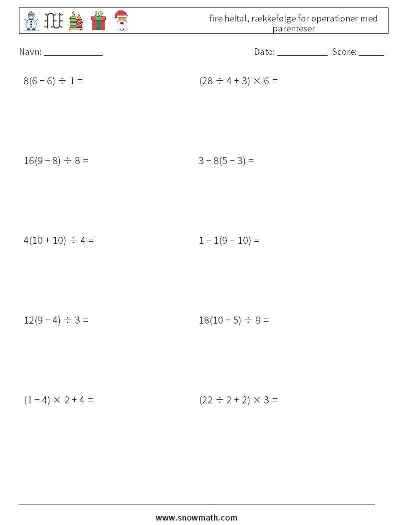 (10) fire heltal, rækkefølge for operationer med parenteser Matematiske regneark 5