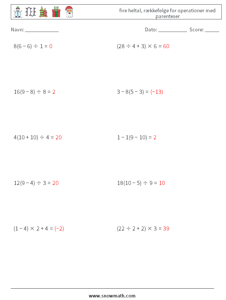 (10) fire heltal, rækkefølge for operationer med parenteser Matematiske regneark 5 Spørgsmål, svar