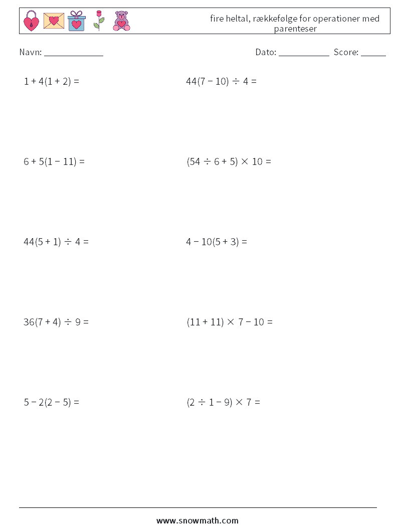 (10) fire heltal, rækkefølge for operationer med parenteser Matematiske regneark 6