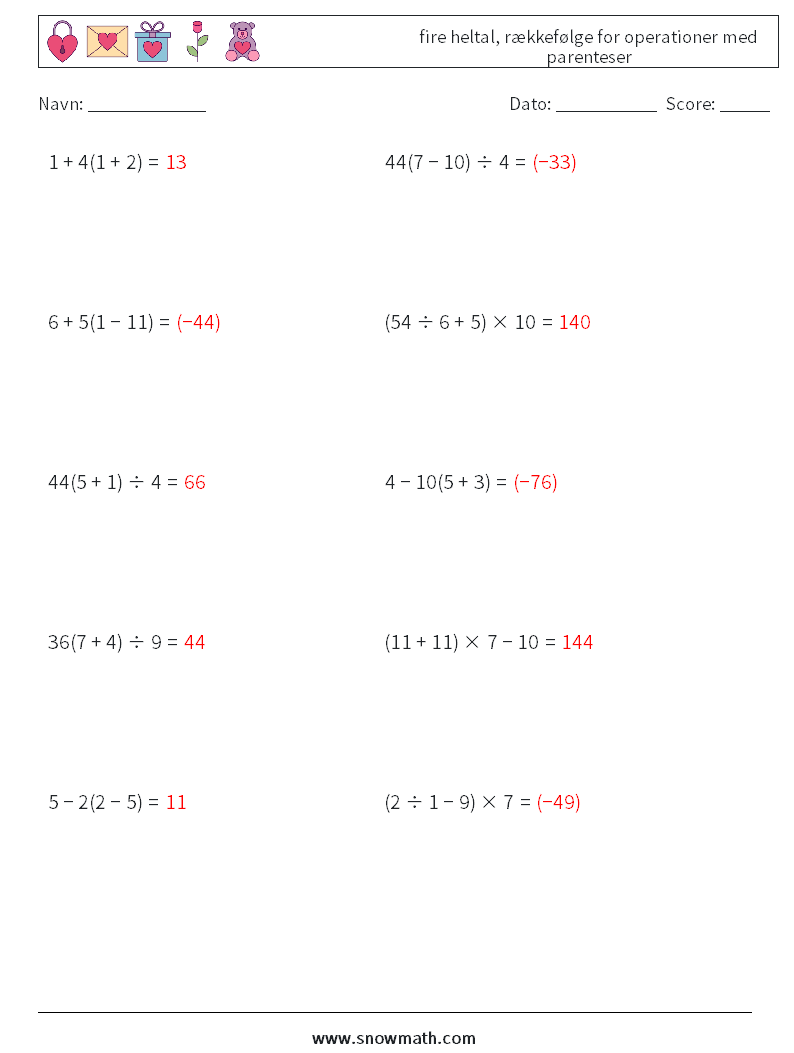 (10) fire heltal, rækkefølge for operationer med parenteser Matematiske regneark 6 Spørgsmål, svar