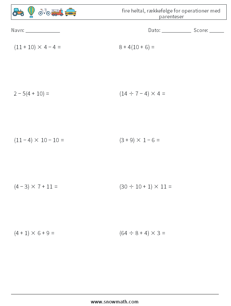 (10) fire heltal, rækkefølge for operationer med parenteser Matematiske regneark 7