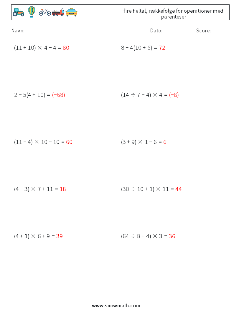 (10) fire heltal, rækkefølge for operationer med parenteser Matematiske regneark 7 Spørgsmål, svar