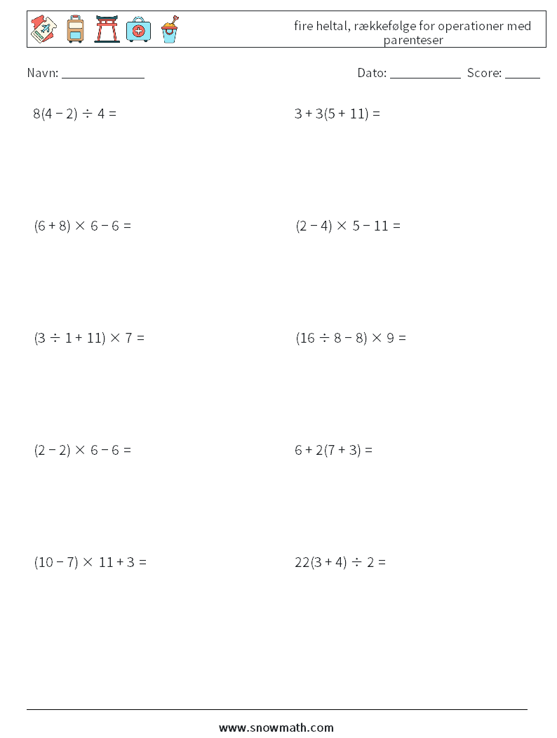 (10) fire heltal, rækkefølge for operationer med parenteser Matematiske regneark 8