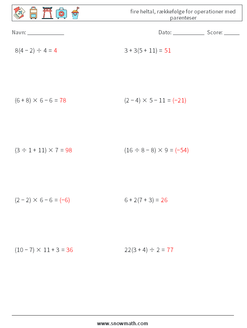 (10) fire heltal, rækkefølge for operationer med parenteser Matematiske regneark 8 Spørgsmål, svar