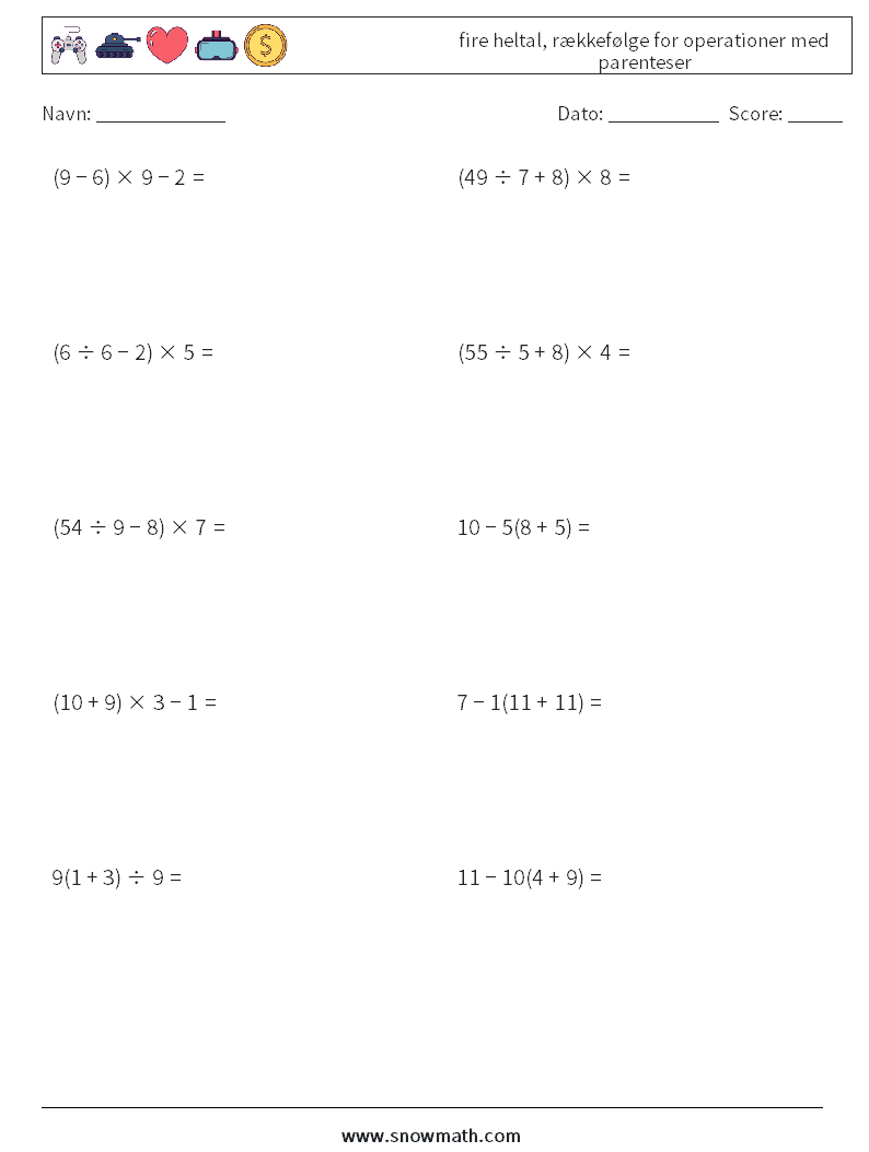 (10) fire heltal, rækkefølge for operationer med parenteser Matematiske regneark 9