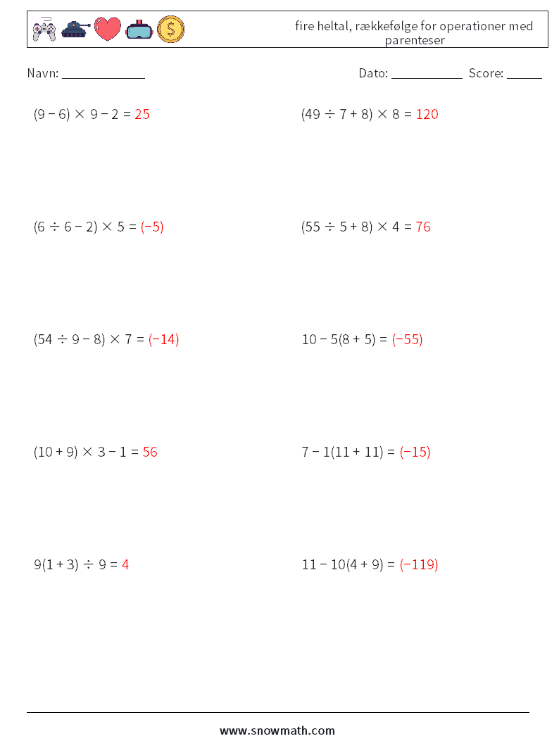(10) fire heltal, rækkefølge for operationer med parenteser Matematiske regneark 9 Spørgsmål, svar