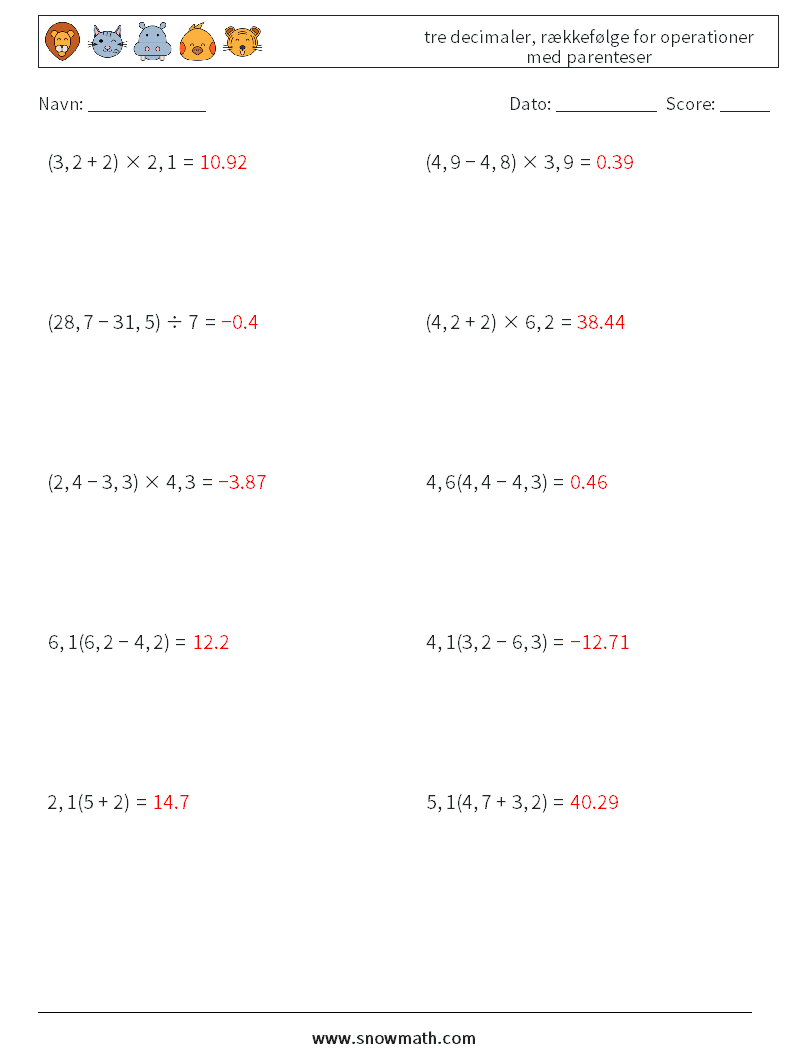 (10) tre decimaler, rækkefølge for operationer med parenteser Matematiske regneark 11 Spørgsmål, svar