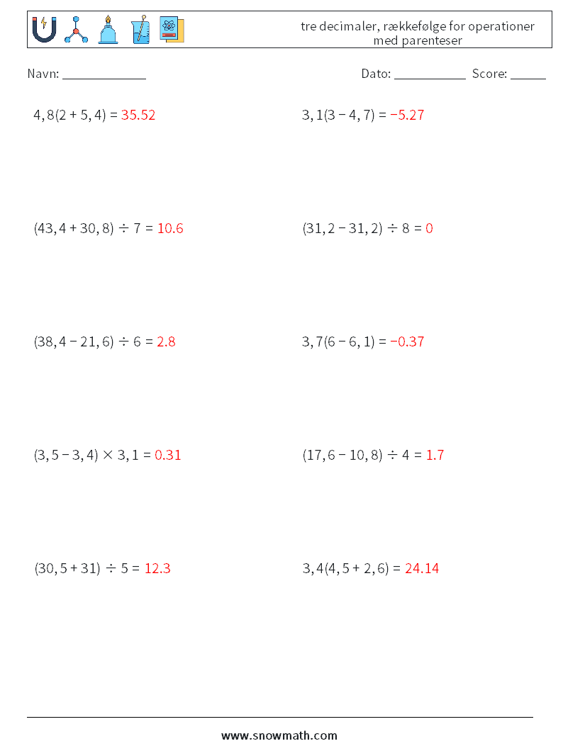 (10) tre decimaler, rækkefølge for operationer med parenteser Matematiske regneark 13 Spørgsmål, svar