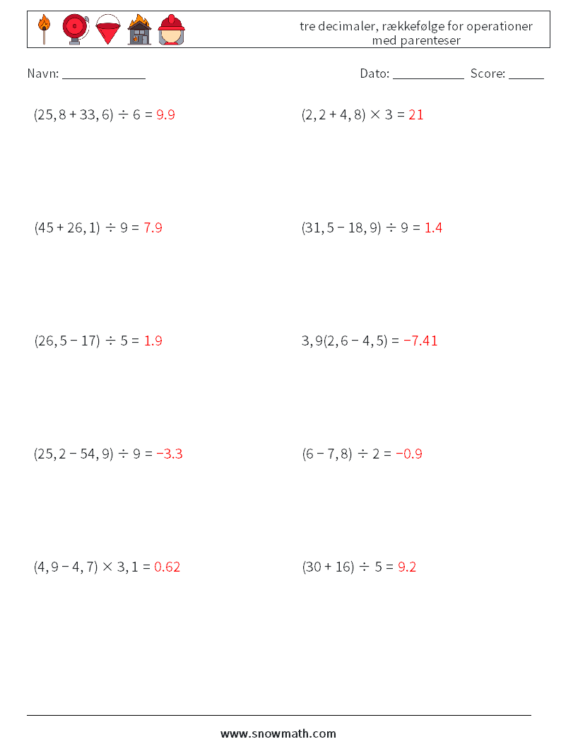 (10) tre decimaler, rækkefølge for operationer med parenteser Matematiske regneark 14 Spørgsmål, svar