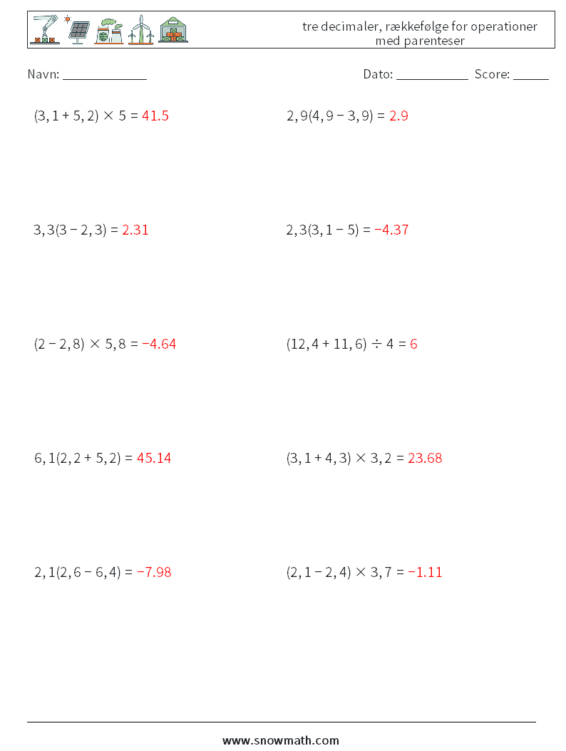 (10) tre decimaler, rækkefølge for operationer med parenteser Matematiske regneark 15 Spørgsmål, svar