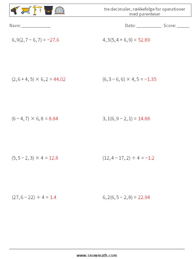 (10) tre decimaler, rækkefølge for operationer med parenteser Matematiske regneark 18 Spørgsmål, svar
