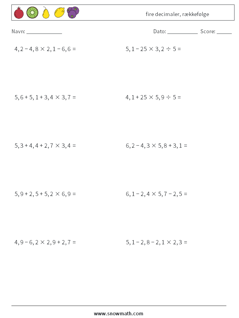 (10) fire decimaler, rækkefølge Matematiske regneark 10