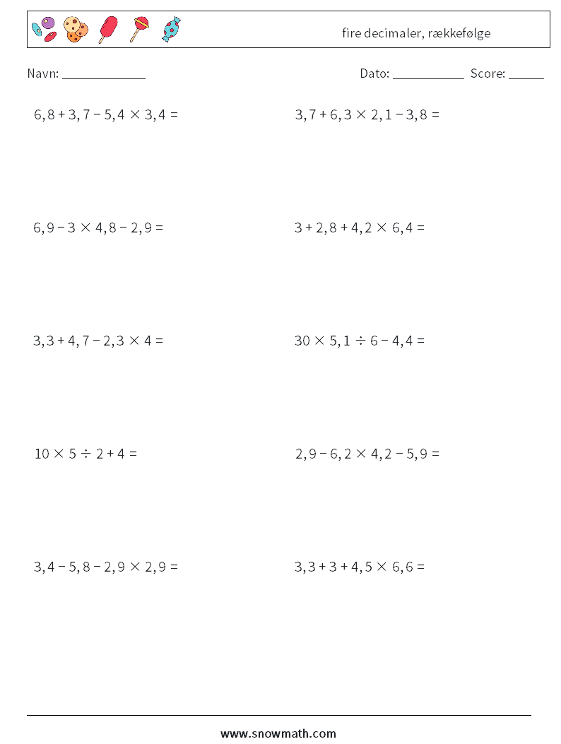 (10) fire decimaler, rækkefølge Matematiske regneark 11