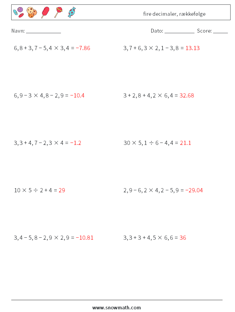 (10) fire decimaler, rækkefølge Matematiske regneark 11 Spørgsmål, svar