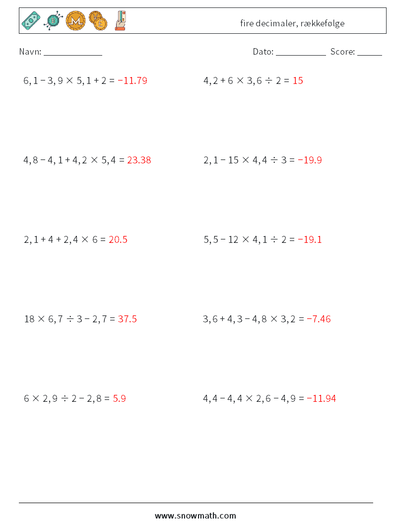(10) fire decimaler, rækkefølge Matematiske regneark 12 Spørgsmål, svar