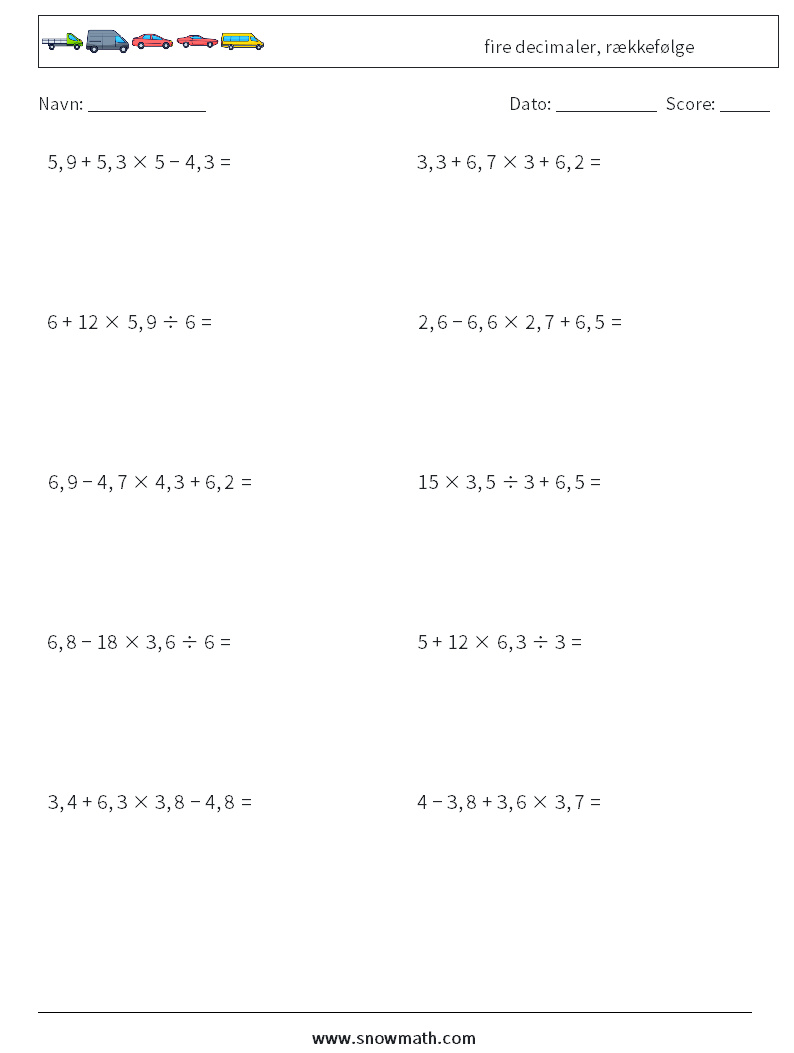 (10) fire decimaler, rækkefølge Matematiske regneark 13