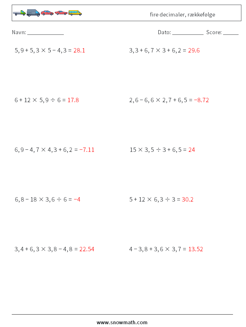 (10) fire decimaler, rækkefølge Matematiske regneark 13 Spørgsmål, svar