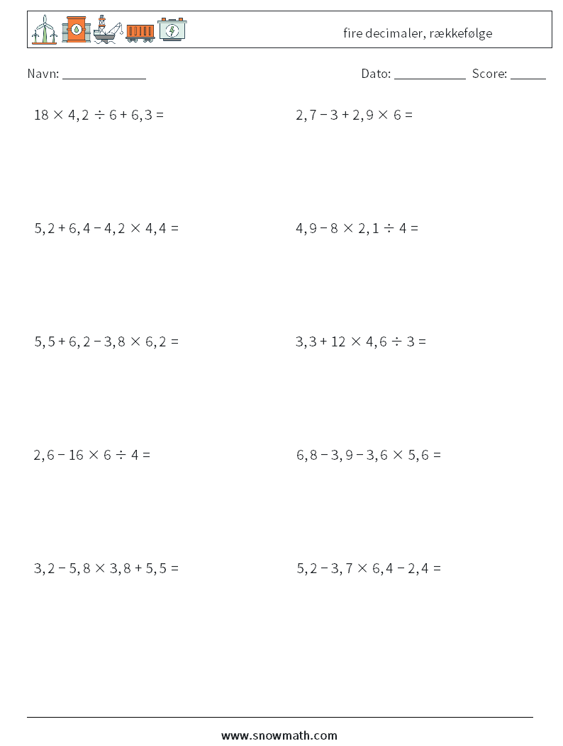 (10) fire decimaler, rækkefølge Matematiske regneark 15
