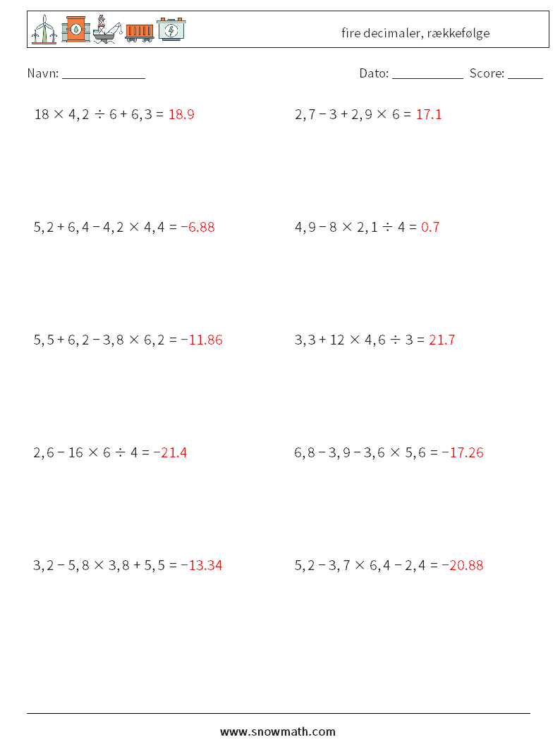 (10) fire decimaler, rækkefølge Matematiske regneark 15 Spørgsmål, svar