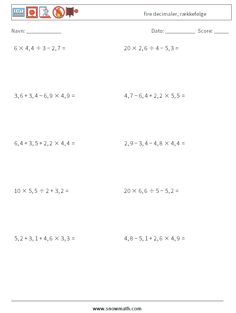 (10) fire decimaler, rækkefølge Matematiske regneark 16