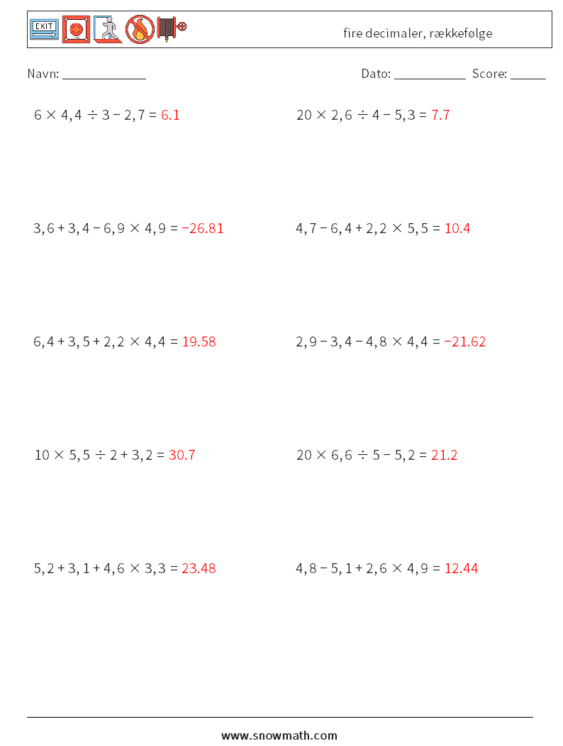 (10) fire decimaler, rækkefølge Matematiske regneark 16 Spørgsmål, svar