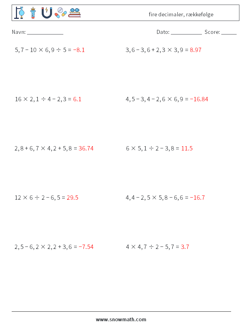 (10) fire decimaler, rækkefølge Matematiske regneark 17 Spørgsmål, svar