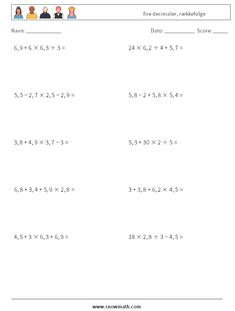 (10) fire decimaler, rækkefølge Matematiske regneark 18