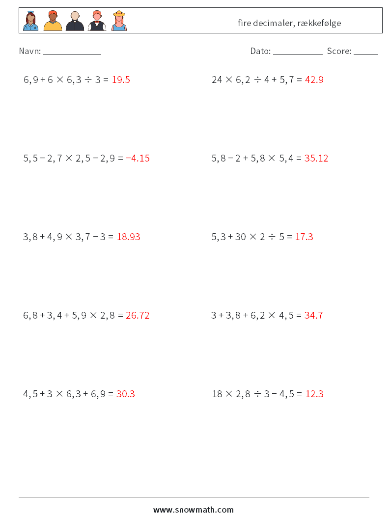 (10) fire decimaler, rækkefølge Matematiske regneark 18 Spørgsmål, svar