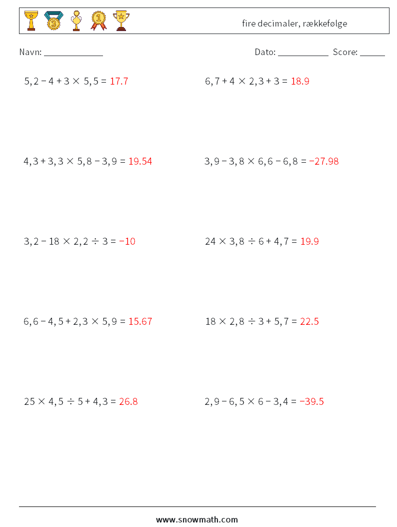 (10) fire decimaler, rækkefølge Matematiske regneark 1 Spørgsmål, svar