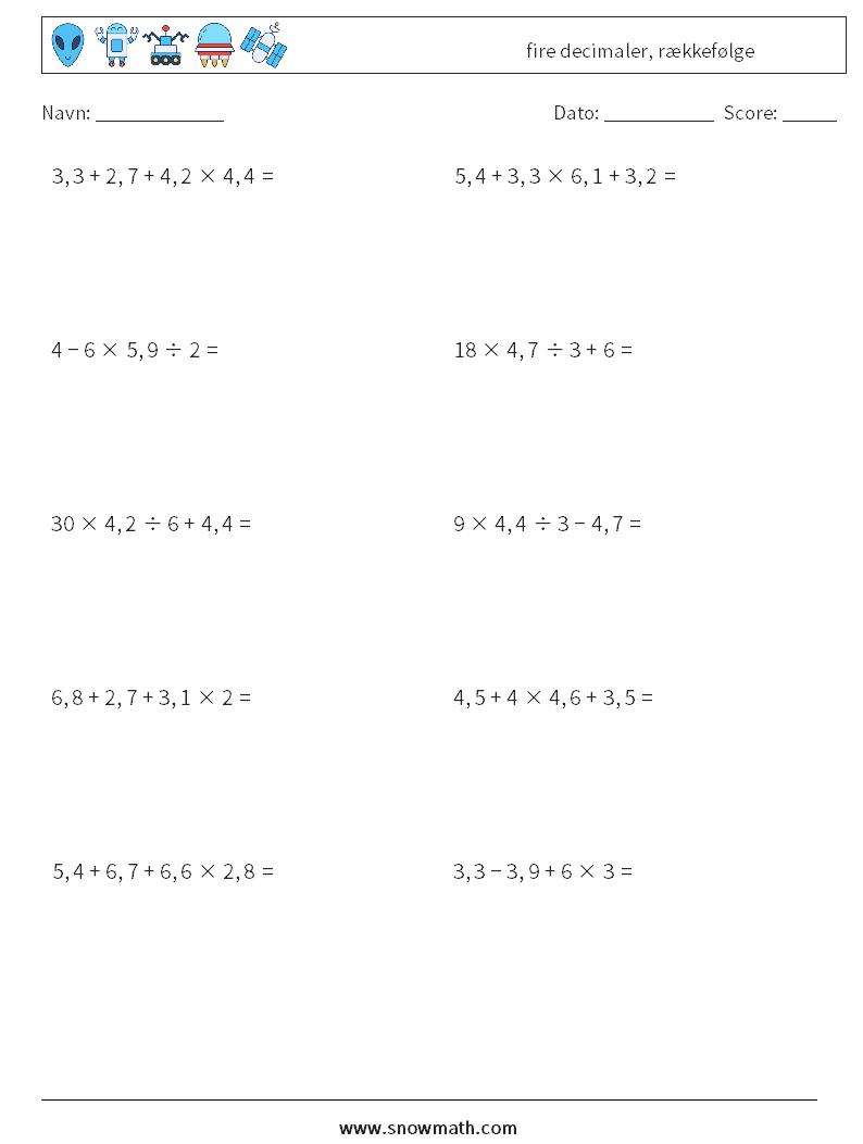 (10) fire decimaler, rækkefølge Matematiske regneark 2
