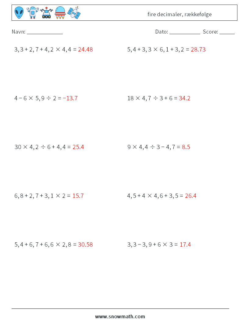(10) fire decimaler, rækkefølge Matematiske regneark 2 Spørgsmål, svar