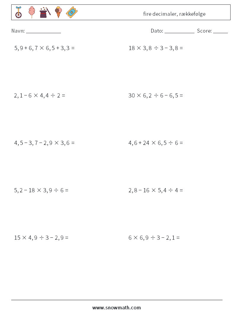 (10) fire decimaler, rækkefølge Matematiske regneark 3