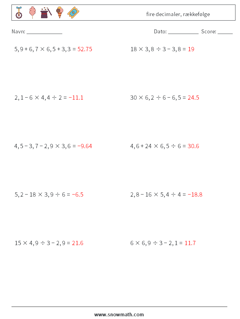(10) fire decimaler, rækkefølge Matematiske regneark 3 Spørgsmål, svar