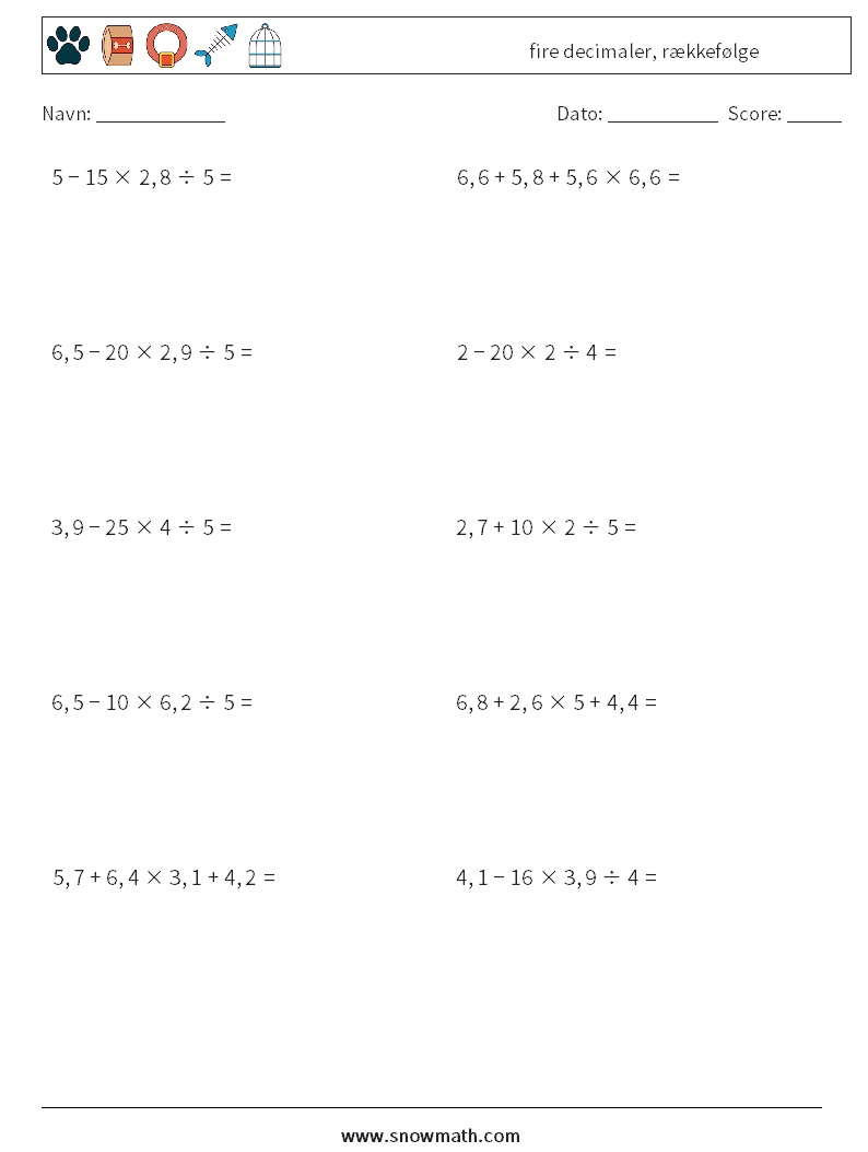 (10) fire decimaler, rækkefølge Matematiske regneark 4