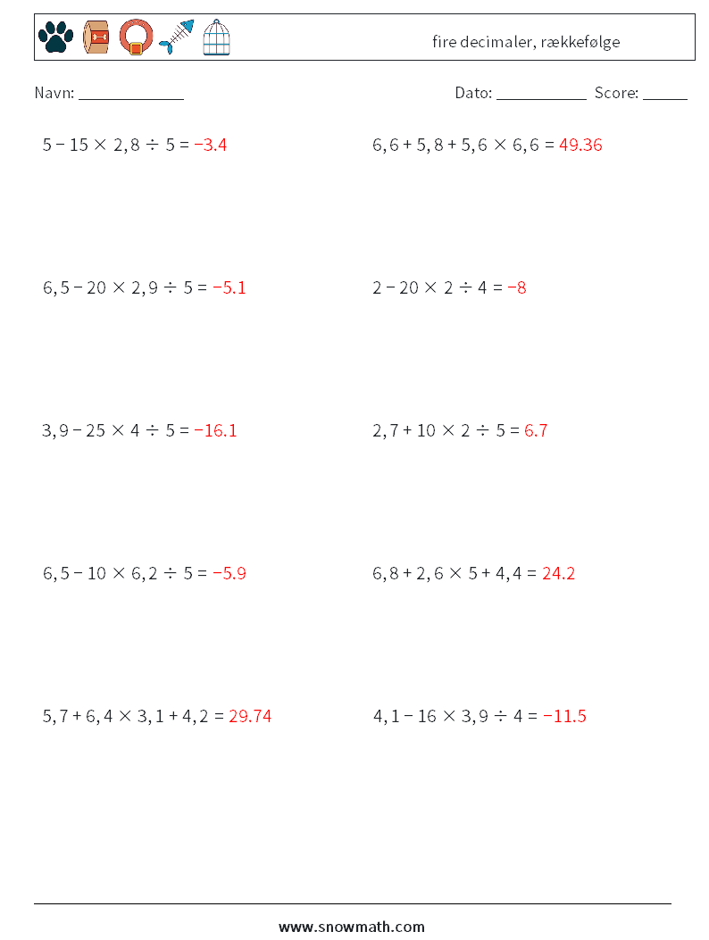 (10) fire decimaler, rækkefølge Matematiske regneark 4 Spørgsmål, svar