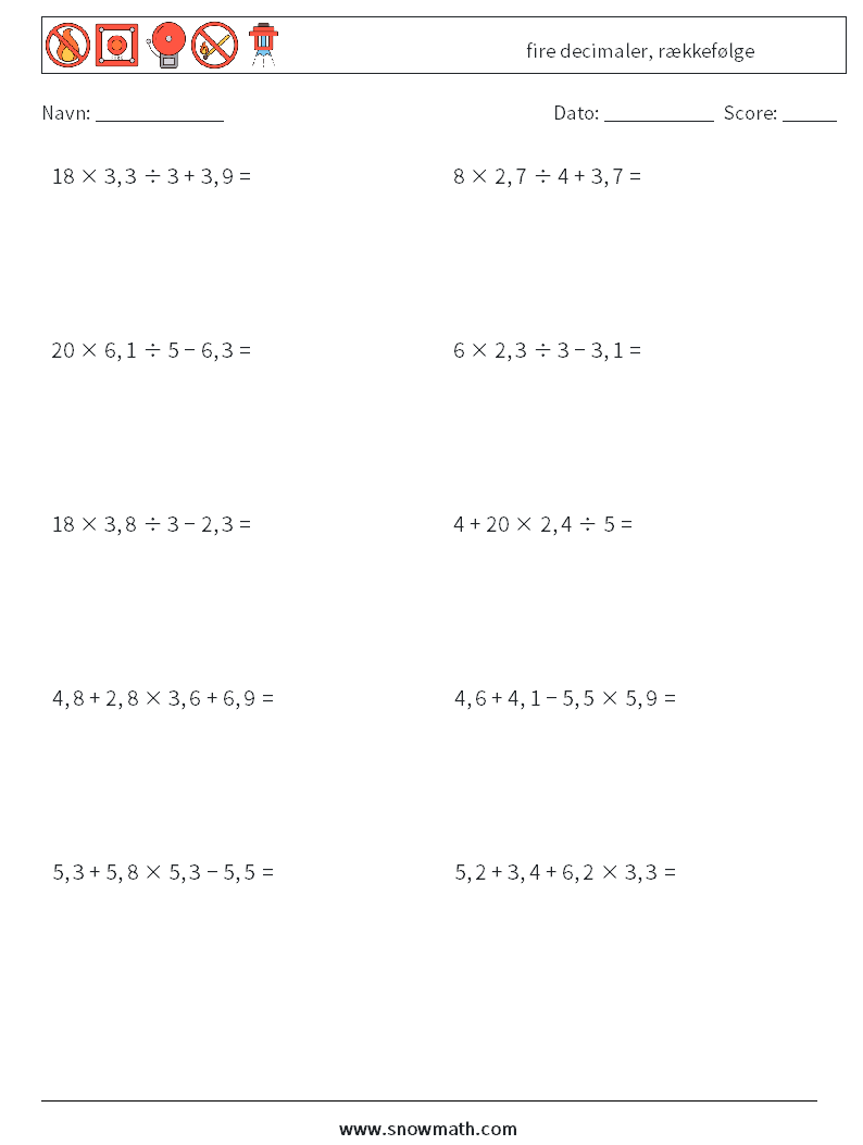 (10) fire decimaler, rækkefølge Matematiske regneark 6
