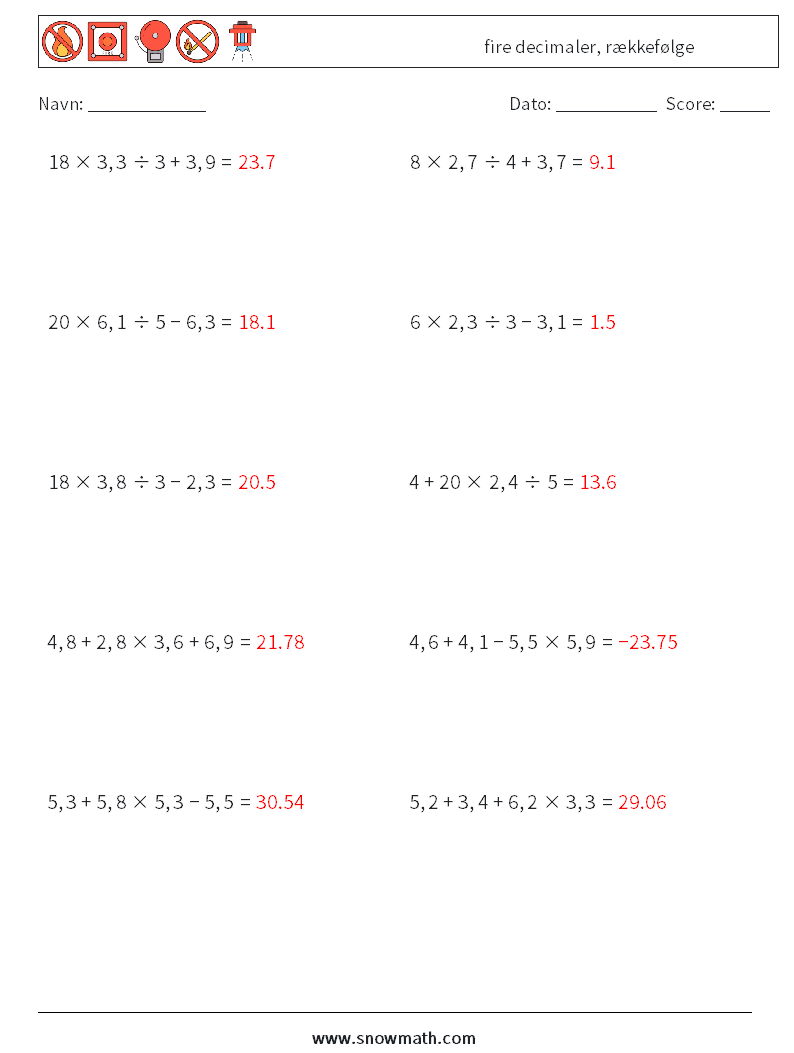 (10) fire decimaler, rækkefølge Matematiske regneark 6 Spørgsmål, svar