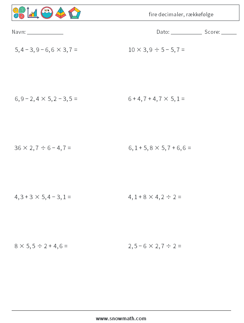 (10) fire decimaler, rækkefølge Matematiske regneark 7