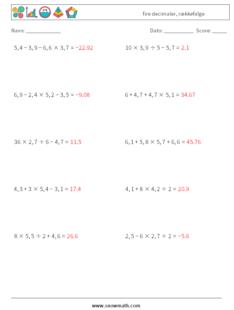 (10) fire decimaler, rækkefølge Matematiske regneark 7 Spørgsmål, svar