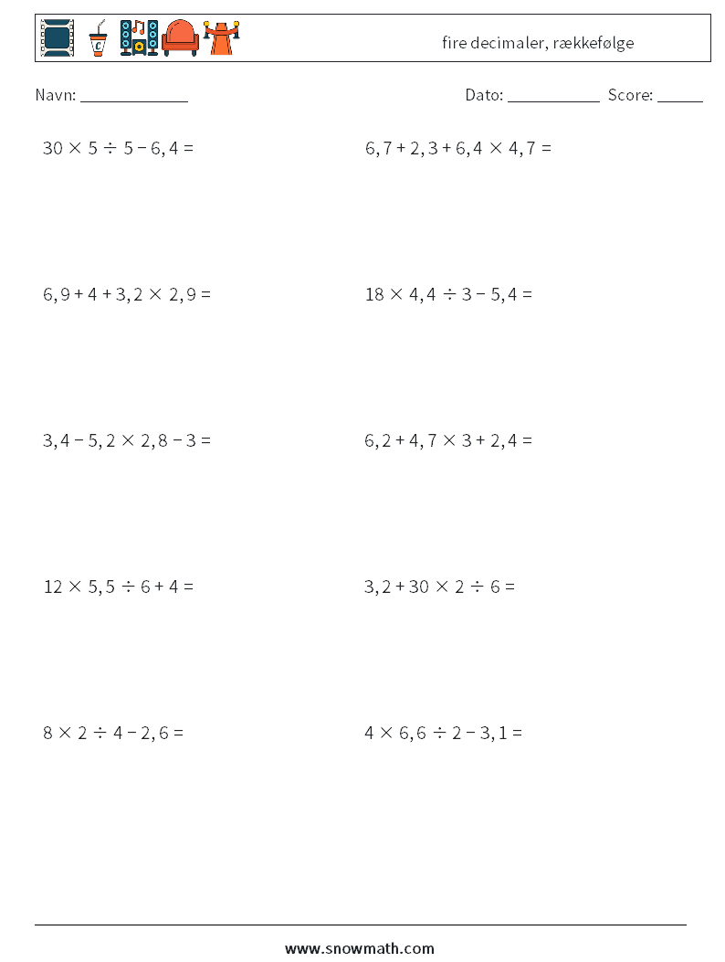 (10) fire decimaler, rækkefølge Matematiske regneark 8
