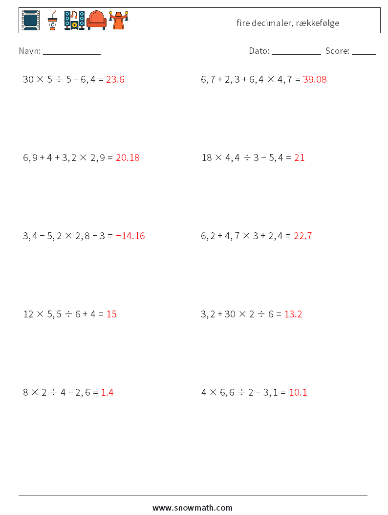 (10) fire decimaler, rækkefølge Matematiske regneark 8 Spørgsmål, svar