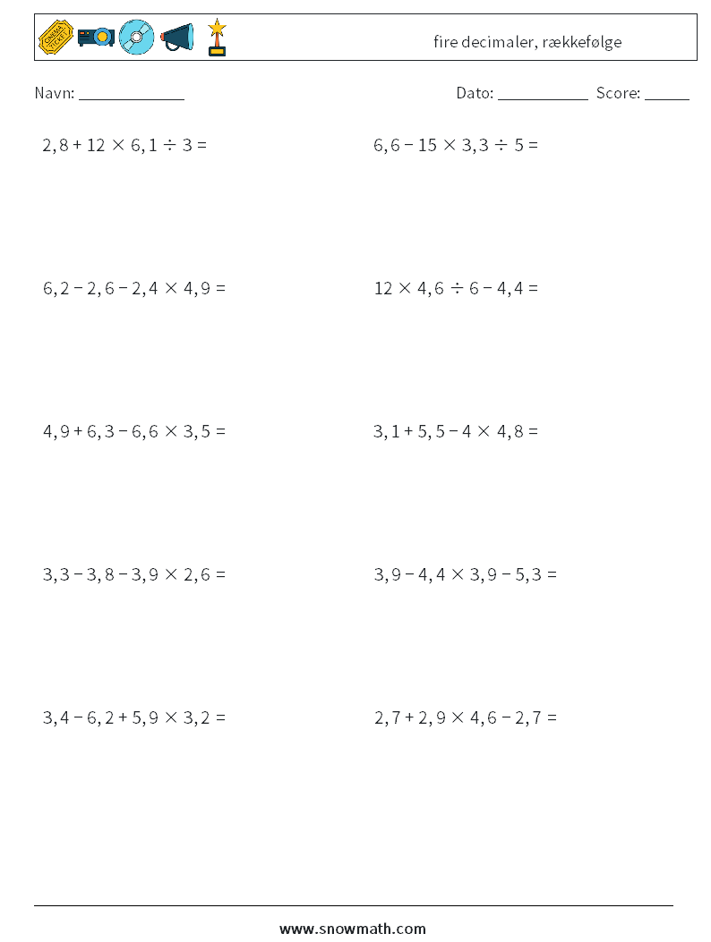 (10) fire decimaler, rækkefølge Matematiske regneark 9