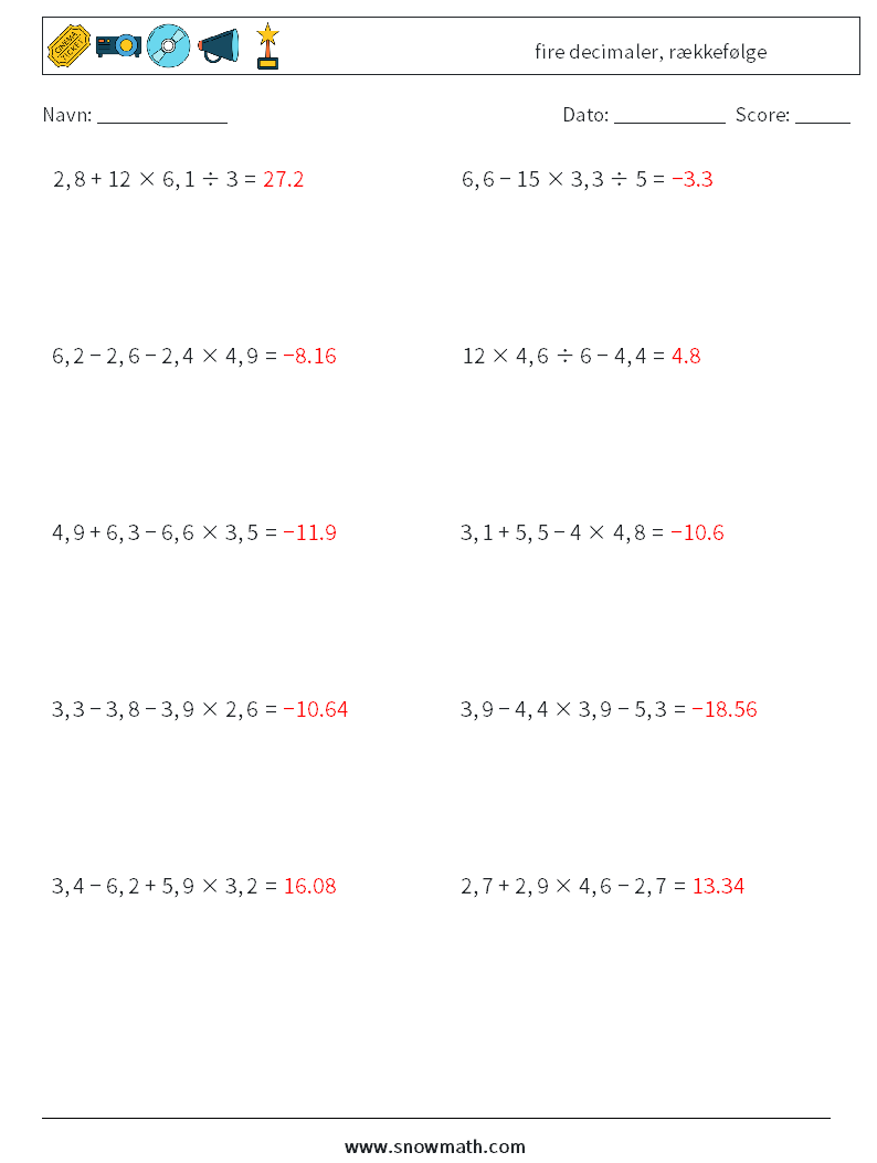 (10) fire decimaler, rækkefølge Matematiske regneark 9 Spørgsmål, svar