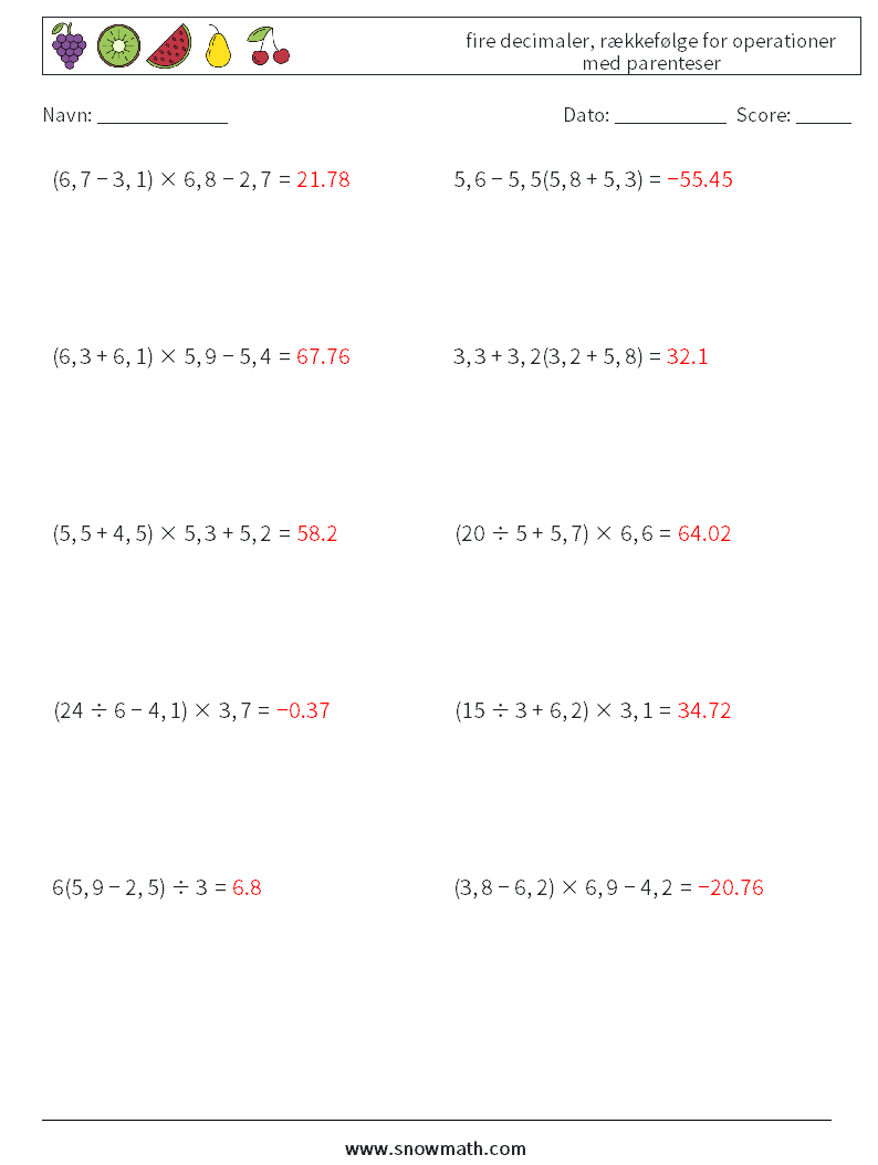 (10) fire decimaler, rækkefølge for operationer med parenteser Matematiske regneark 10 Spørgsmål, svar