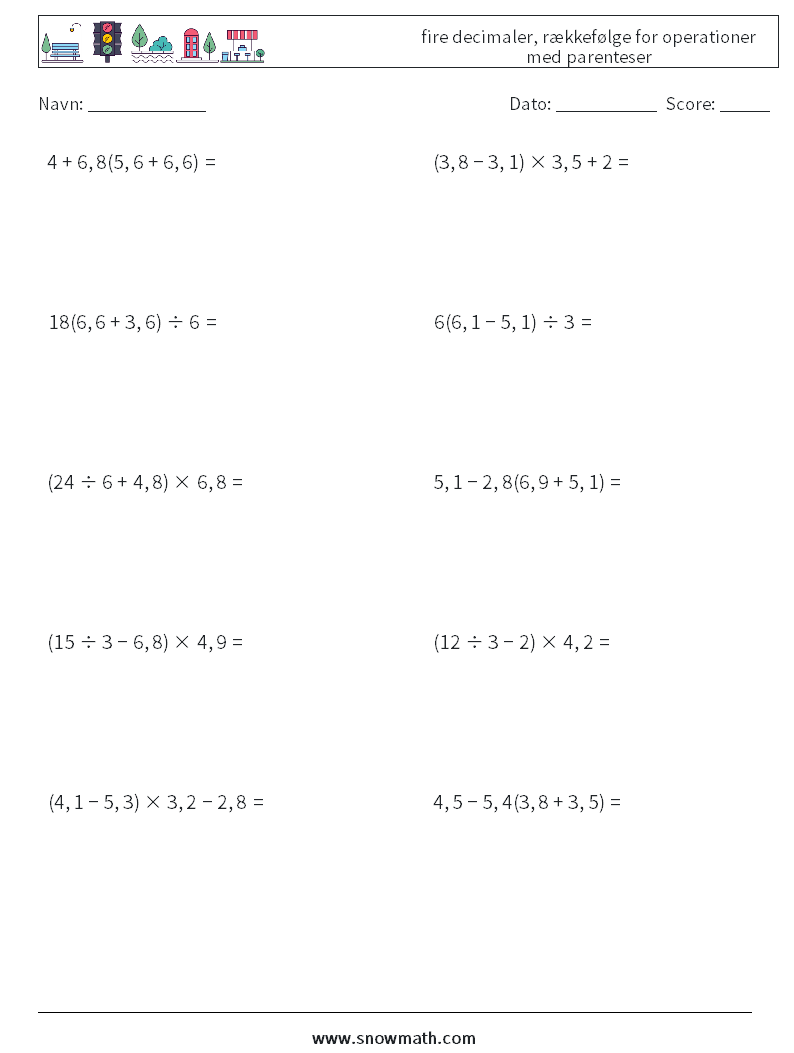 (10) fire decimaler, rækkefølge for operationer med parenteser Matematiske regneark 11