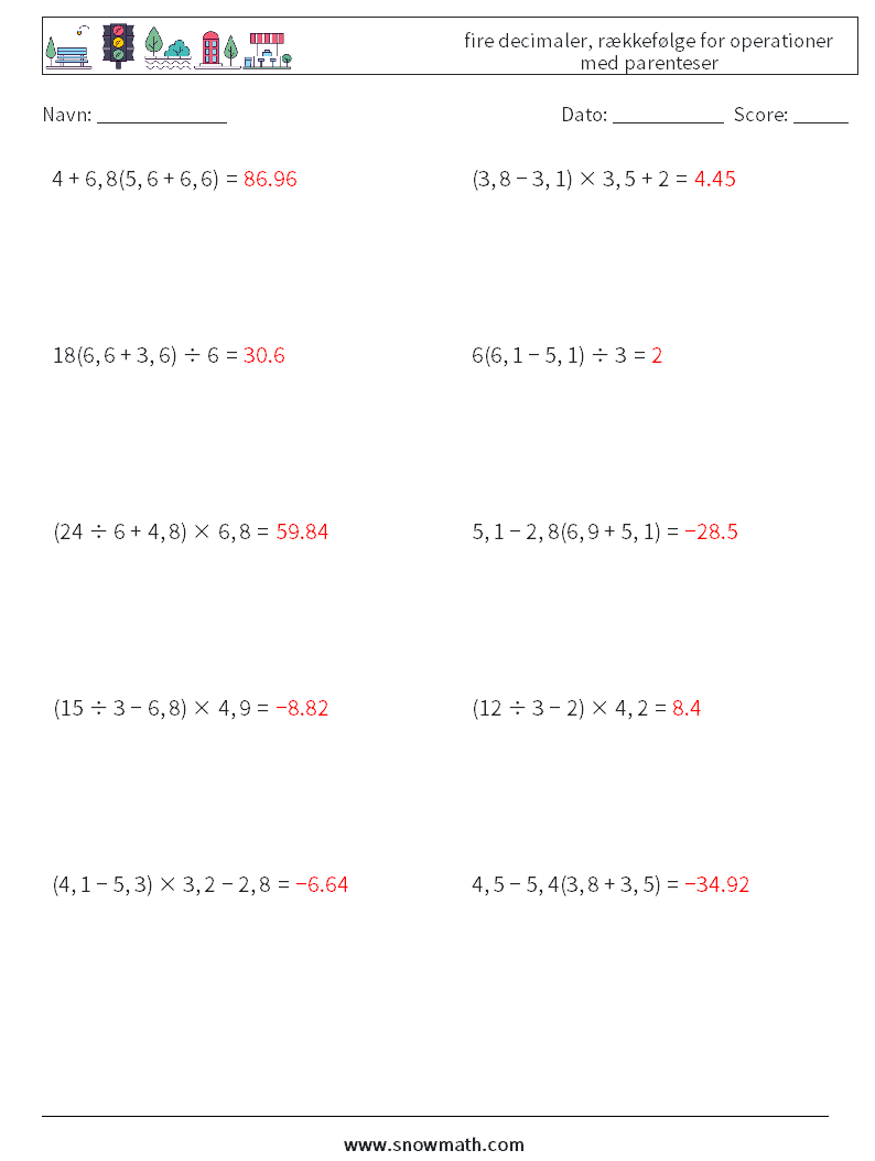 (10) fire decimaler, rækkefølge for operationer med parenteser Matematiske regneark 11 Spørgsmål, svar