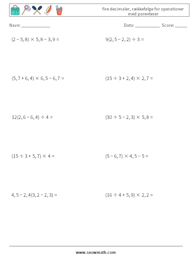 (10) fire decimaler, rækkefølge for operationer med parenteser Matematiske regneark 12