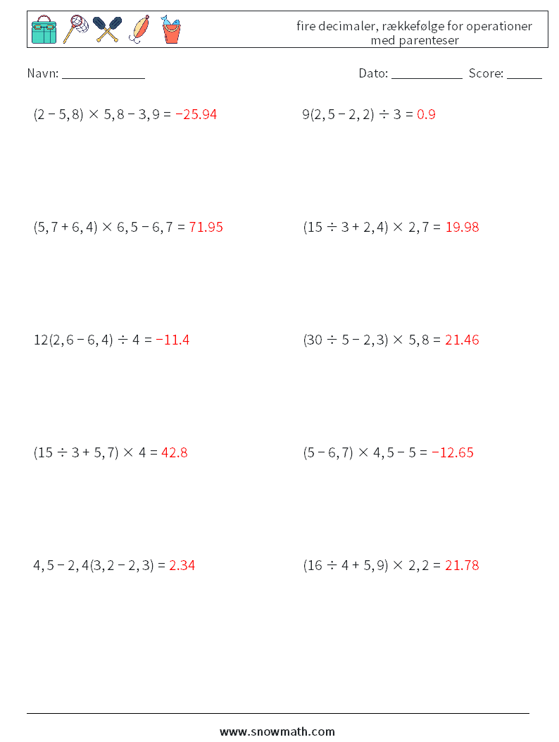 (10) fire decimaler, rækkefølge for operationer med parenteser Matematiske regneark 12 Spørgsmål, svar